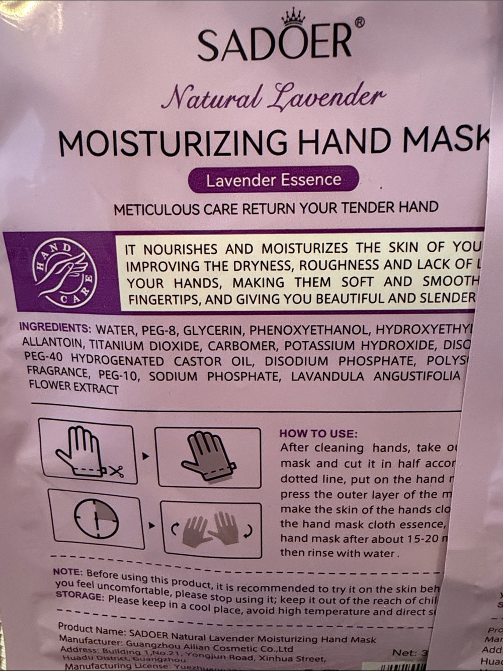 SADOER Natural Lavender Moisturizing Hand Mask Packets Set of 2 New - Picture 6 of 7